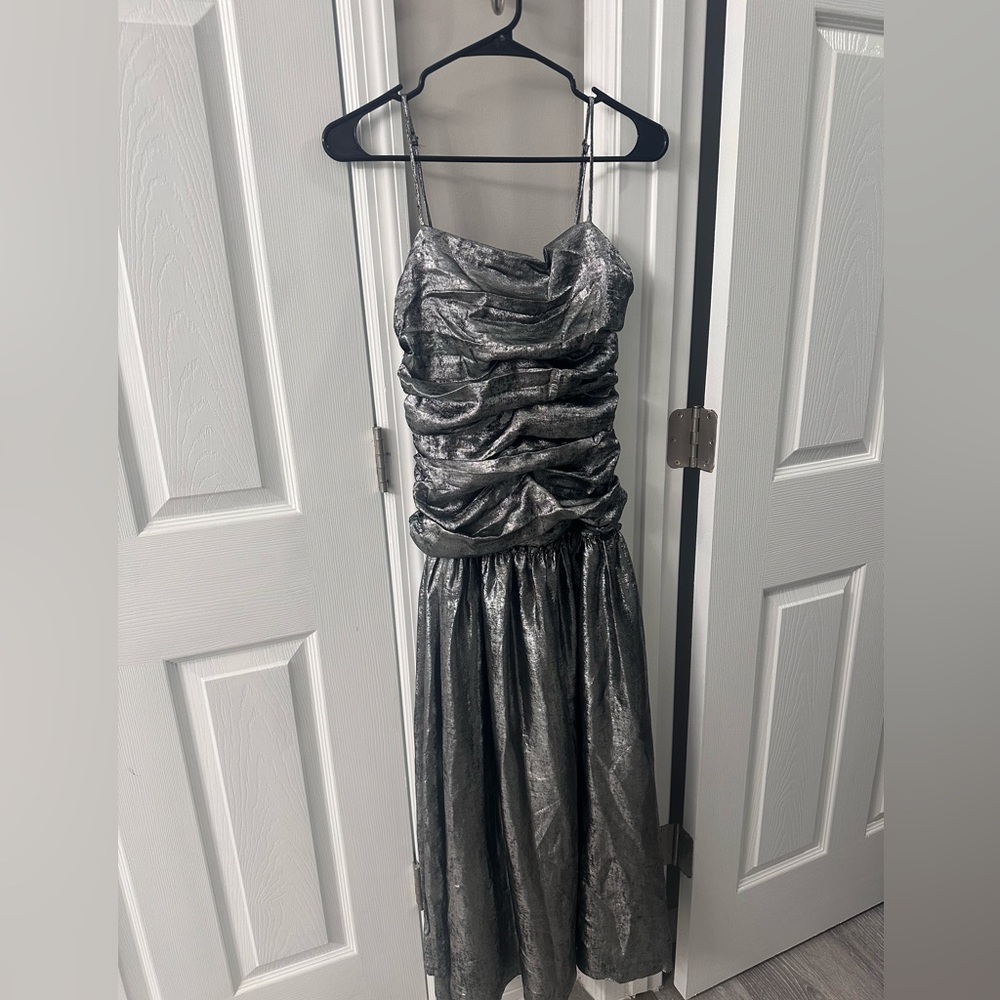 La Maise Studio Ruched Drop-Waist Foil Midi Dress - perfect for new years!